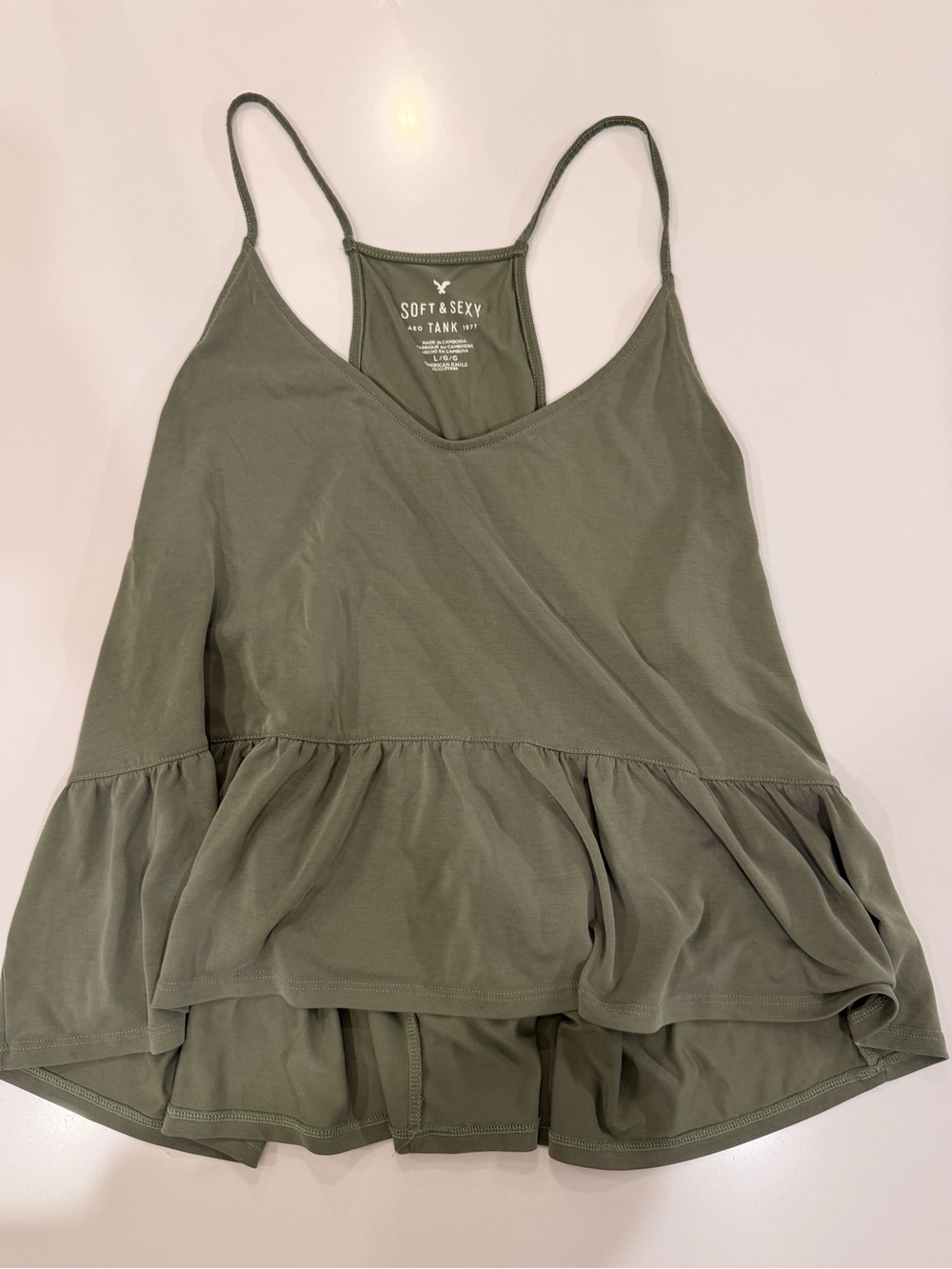 American Eagle Soft & Sexy Ruffle Peplum Tank Olive Green L